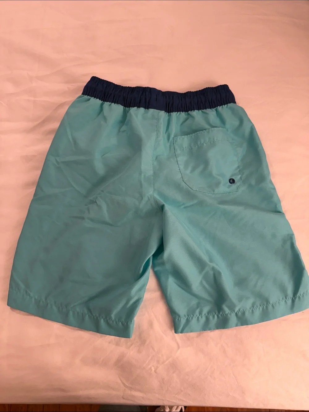 NWOT Kids Turquoise Swim Shorts with Navy Waistband and Orange Drawstring